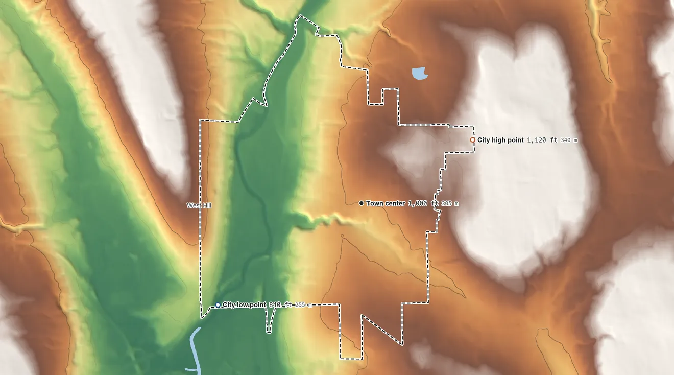 Topographic elevation map of Sharon, Pennsylvania, shaded from 840 ft on the southwest side to 1,120 ft on the northeast side