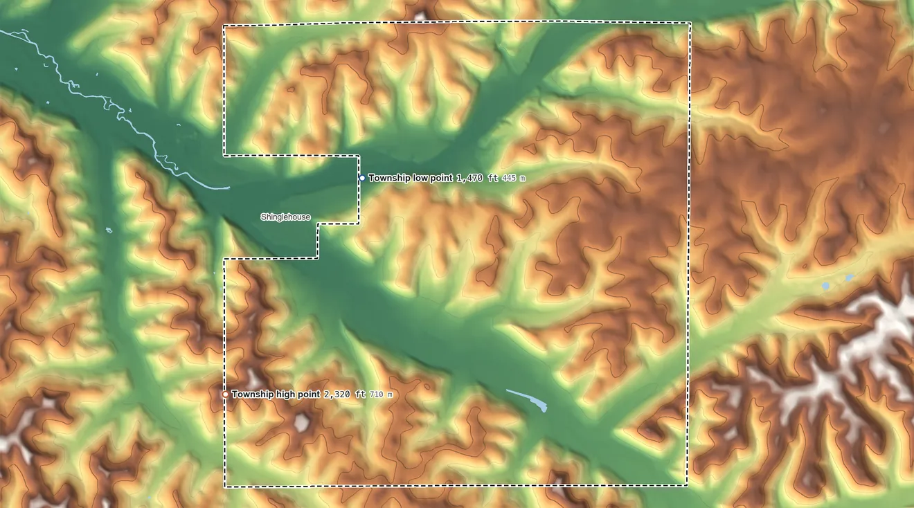 Topographic elevation map of Sharon Township, Pennsylvania, shaded from 1,470 ft on the northwest side to 2,320 ft on the southwest side