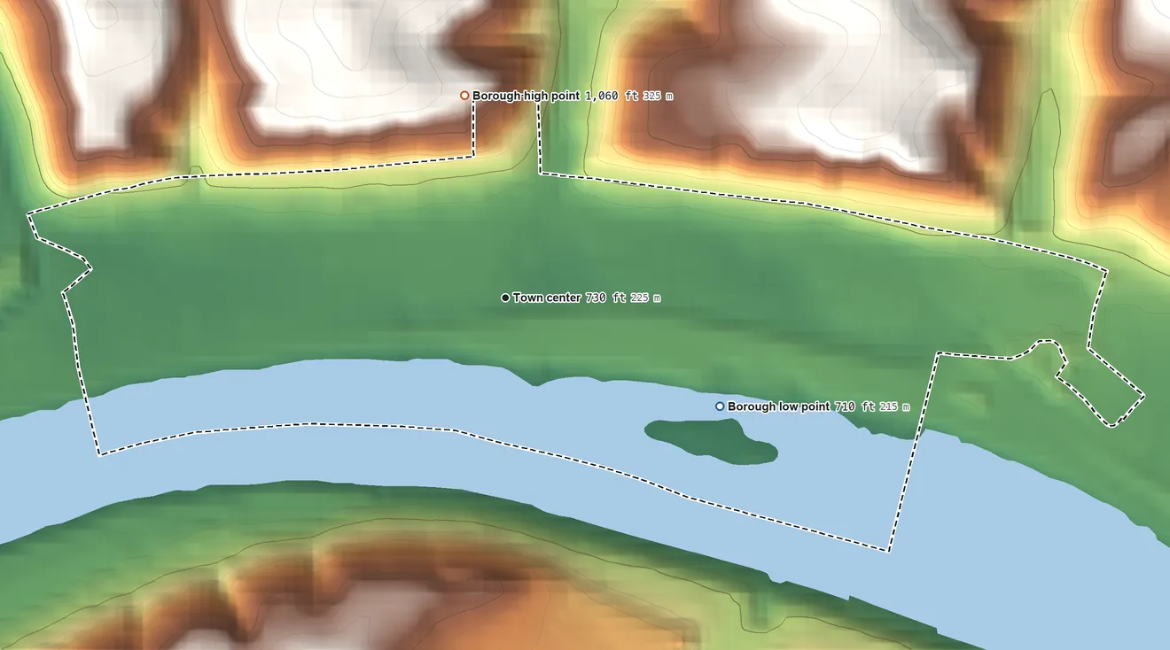 Topographic elevation map of Sharpsburg, Pennsylvania, shaded from 710 ft on the southeast side to 1,060 ft on the north side