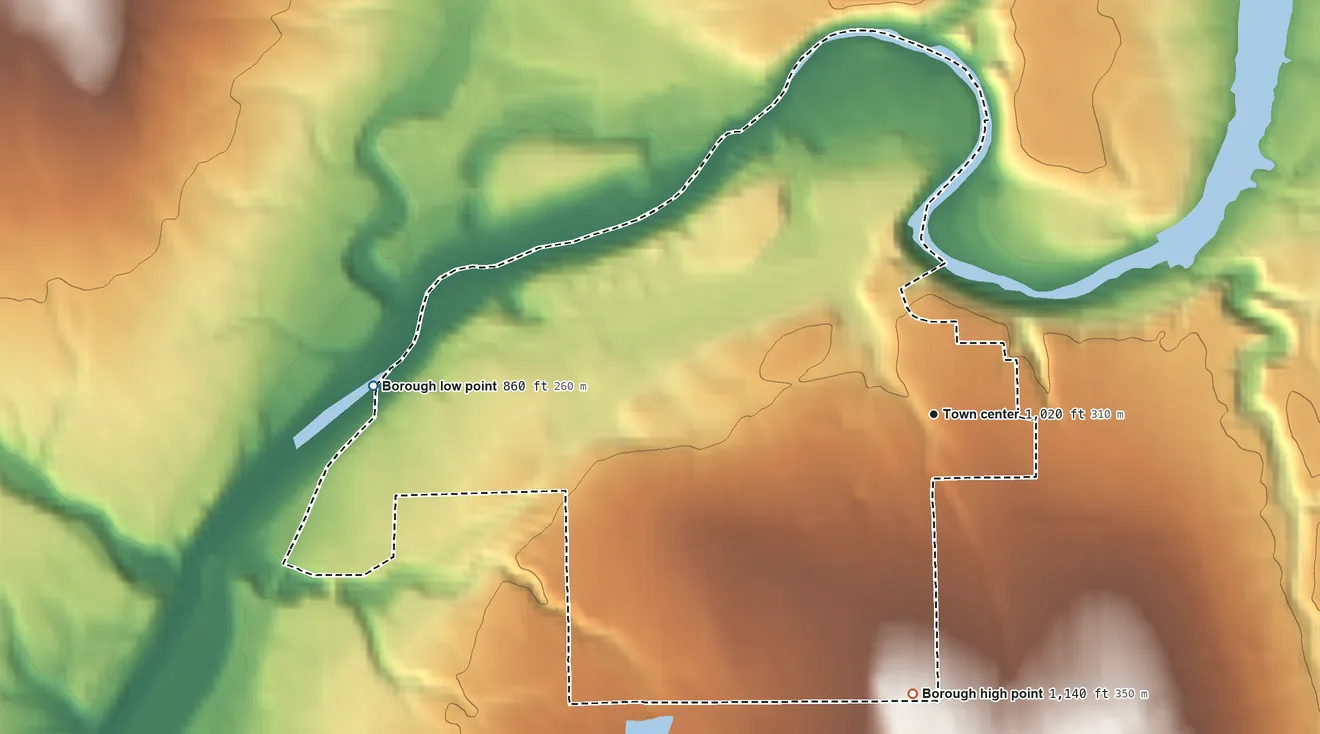 Topographic elevation map of Sharpsville, Pennsylvania, shaded from 860 ft on the west side to 1,140 ft on the south side