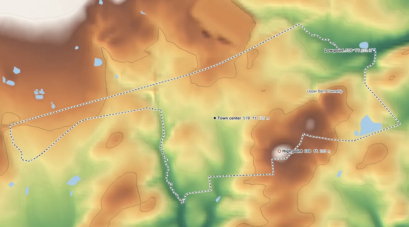 Topographic elevation map of Shartlesville, Pennsylvania, shaded from 510 ft on the northeast side to 680 ft on the southeast side