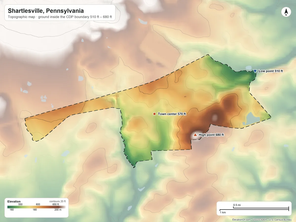 Topographic elevation map of Shartlesville, Pennsylvania, shaded from 510 ft on the northeast side to 680 ft on the southeast side