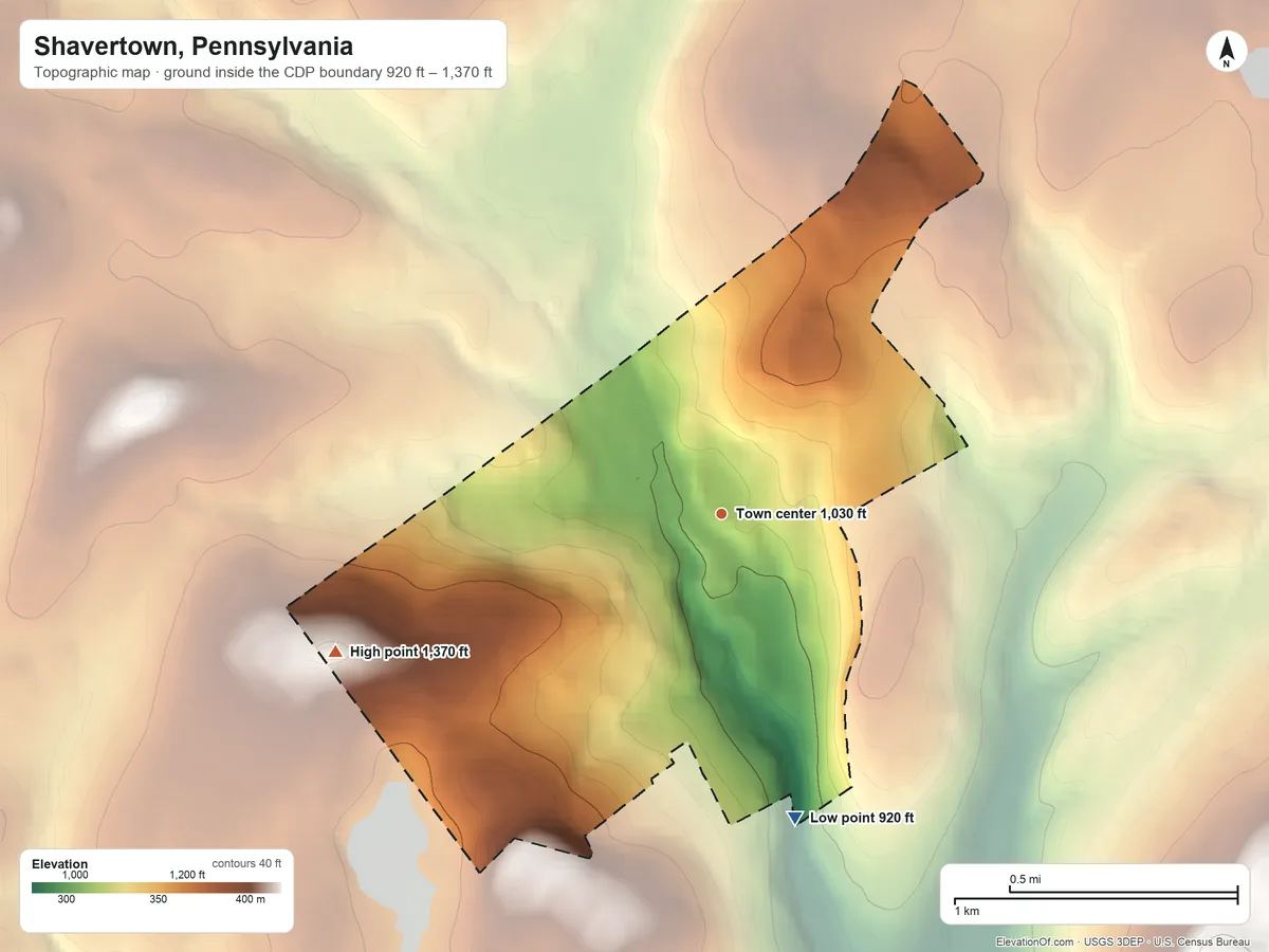 Topographic elevation map of Shavertown, Pennsylvania, shaded from 920 ft on the south side to 1,370 ft on the west side