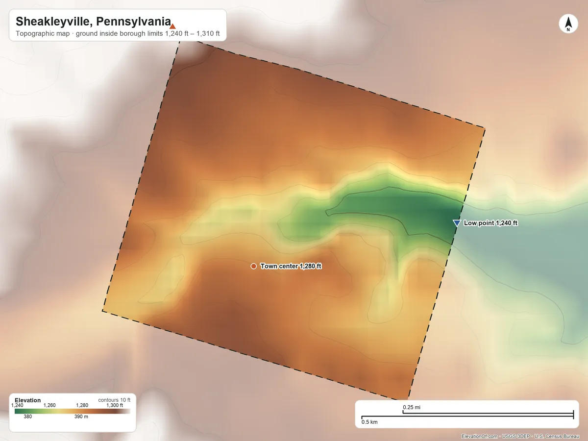 Topographic elevation map of Sheakleyville, Pennsylvania, shaded from 1,240 ft on the east side to 1,310 ft on the north side