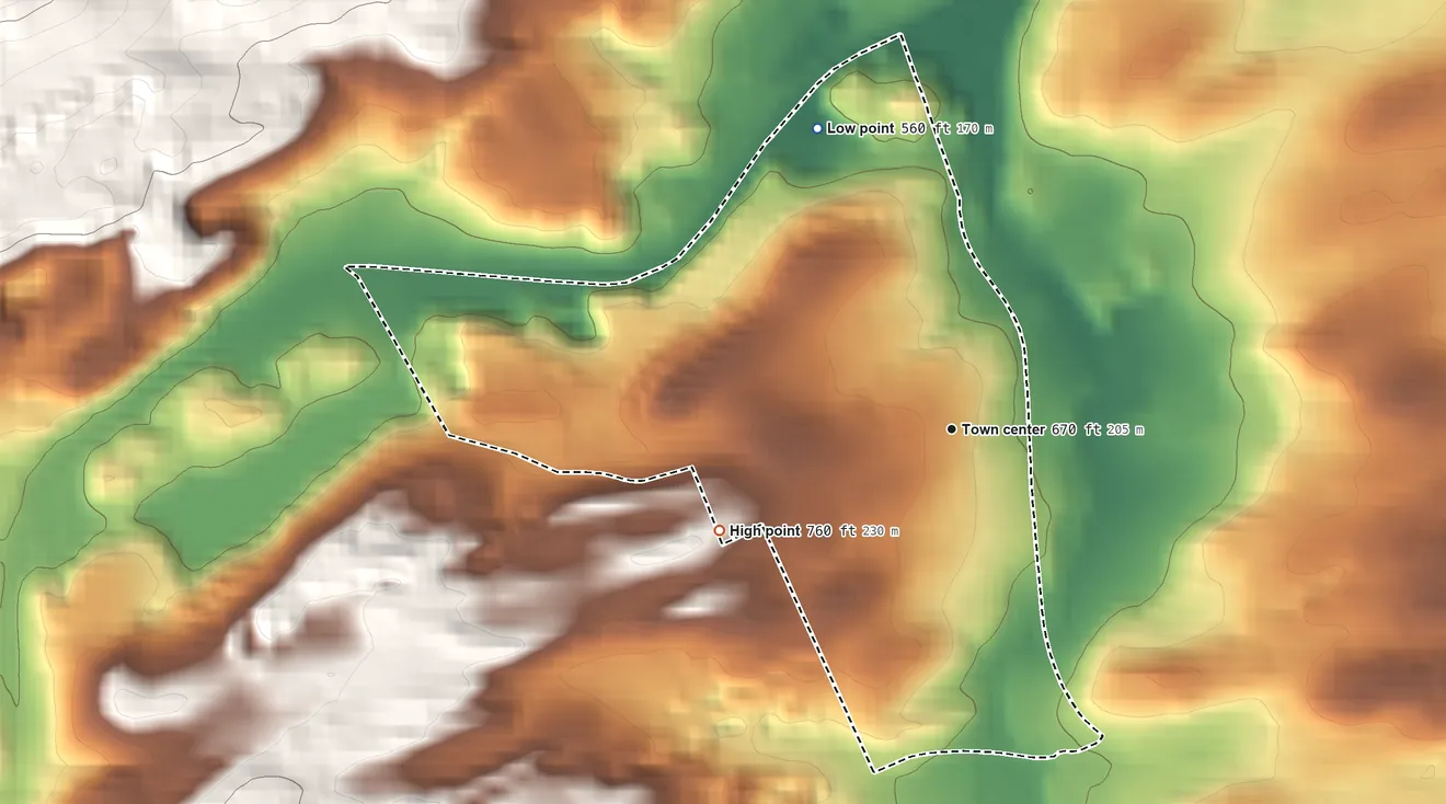 Topographic elevation map of Sheatown, Pennsylvania, shaded from 560 ft on the northwest side to 760 ft on the southwest edge, below higher ground just outside