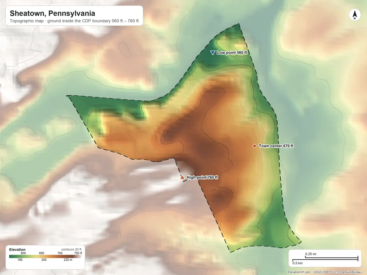 Topographic elevation map of Sheatown, Pennsylvania, shaded from 560 ft on the northwest side to 760 ft on the southwest edge, below higher ground just outside
