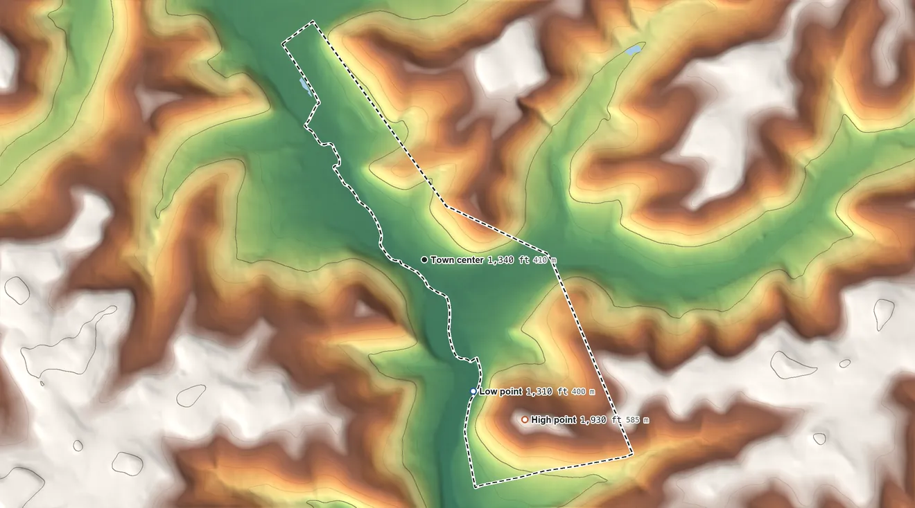 Topographic elevation map of Sheffield, Pennsylvania, shaded from 1,310 ft on the south side to 1,930 ft on the southeast side