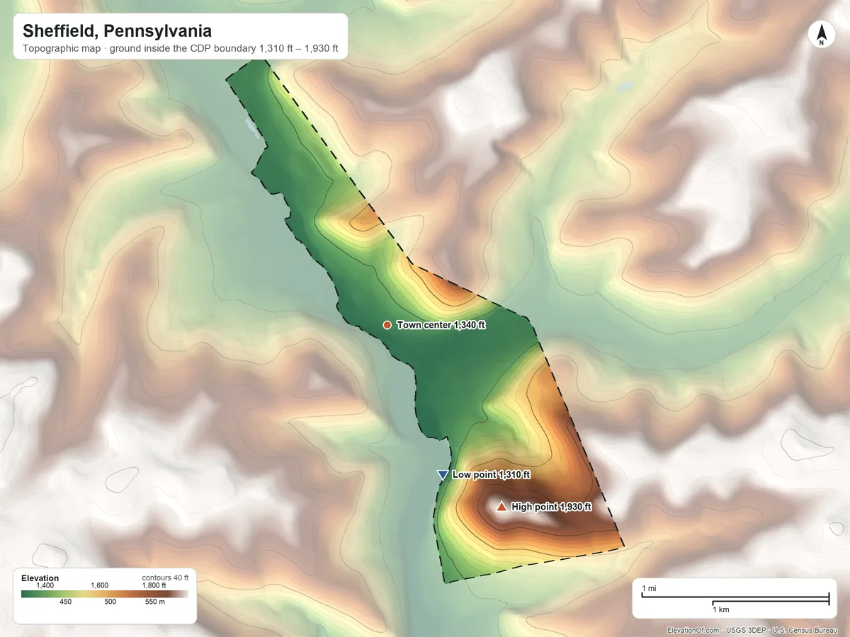 Topographic elevation map of Sheffield, Pennsylvania, shaded from 1,310 ft on the south side to 1,930 ft on the southeast side