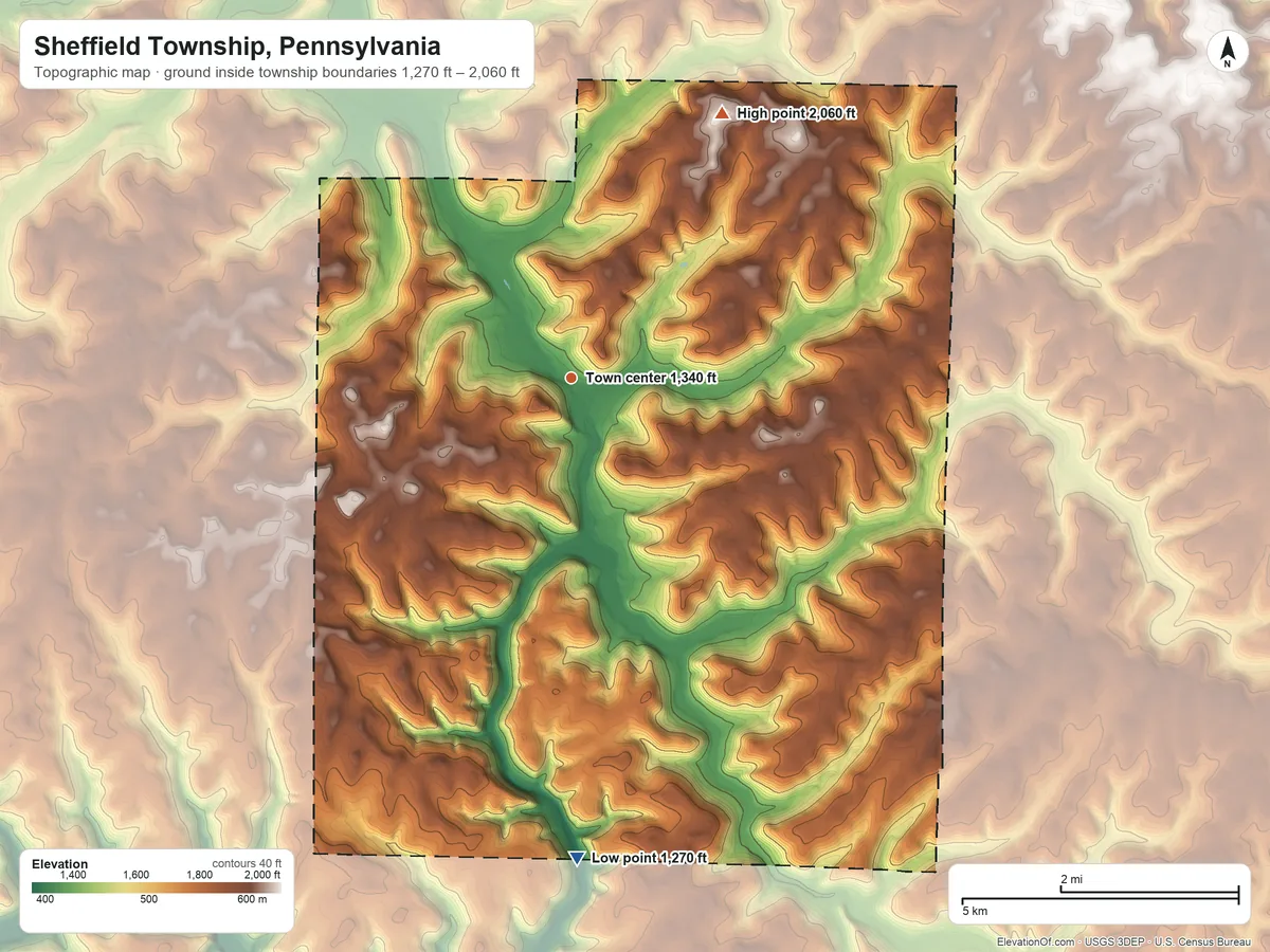 Topographic elevation map of Sheffield Township, Pennsylvania, shaded from 1,270 ft on the south side to 2,060 ft on the northeast side