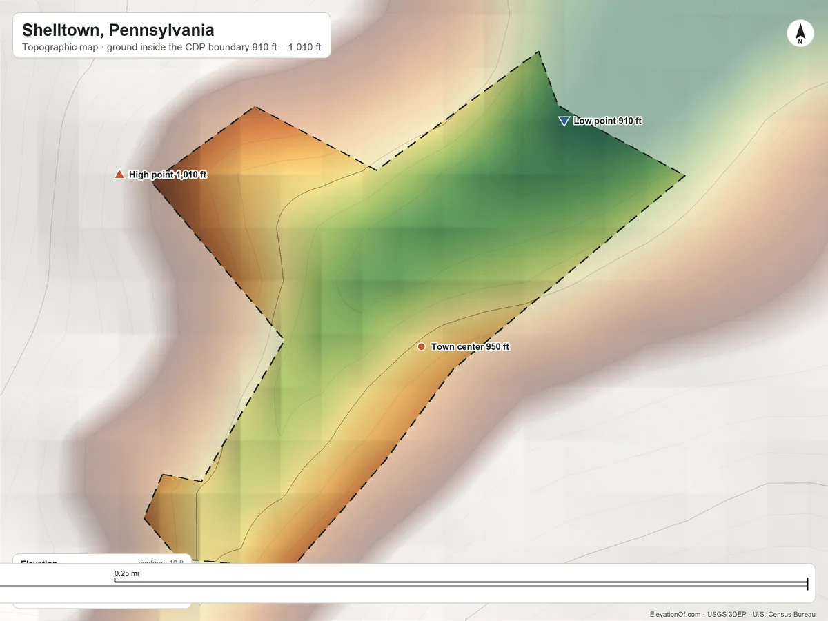 Topographic elevation map of Shelltown, Pennsylvania, shaded from 910 ft on the northeast side to 1,010 ft on the northwest edge, below higher ground just outside