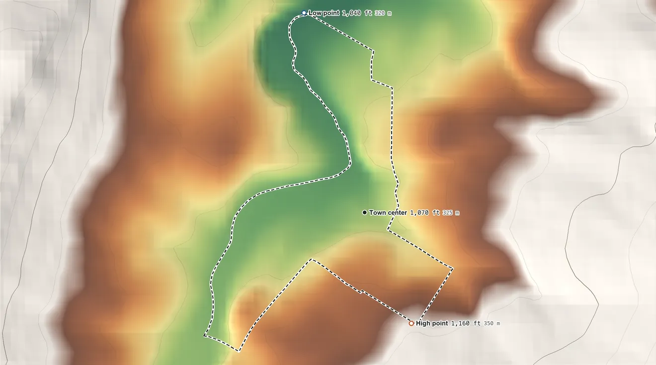 Topographic elevation map of Shellytown, Pennsylvania, shaded from 1,040 ft on the north side to 1,160 ft on the southeast edge, below higher ground just outside
