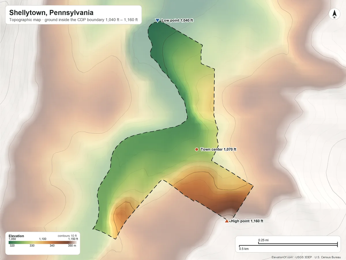 Topographic elevation map of Shellytown, Pennsylvania, shaded from 1,040 ft on the north side to 1,160 ft on the southeast edge, below higher ground just outside
