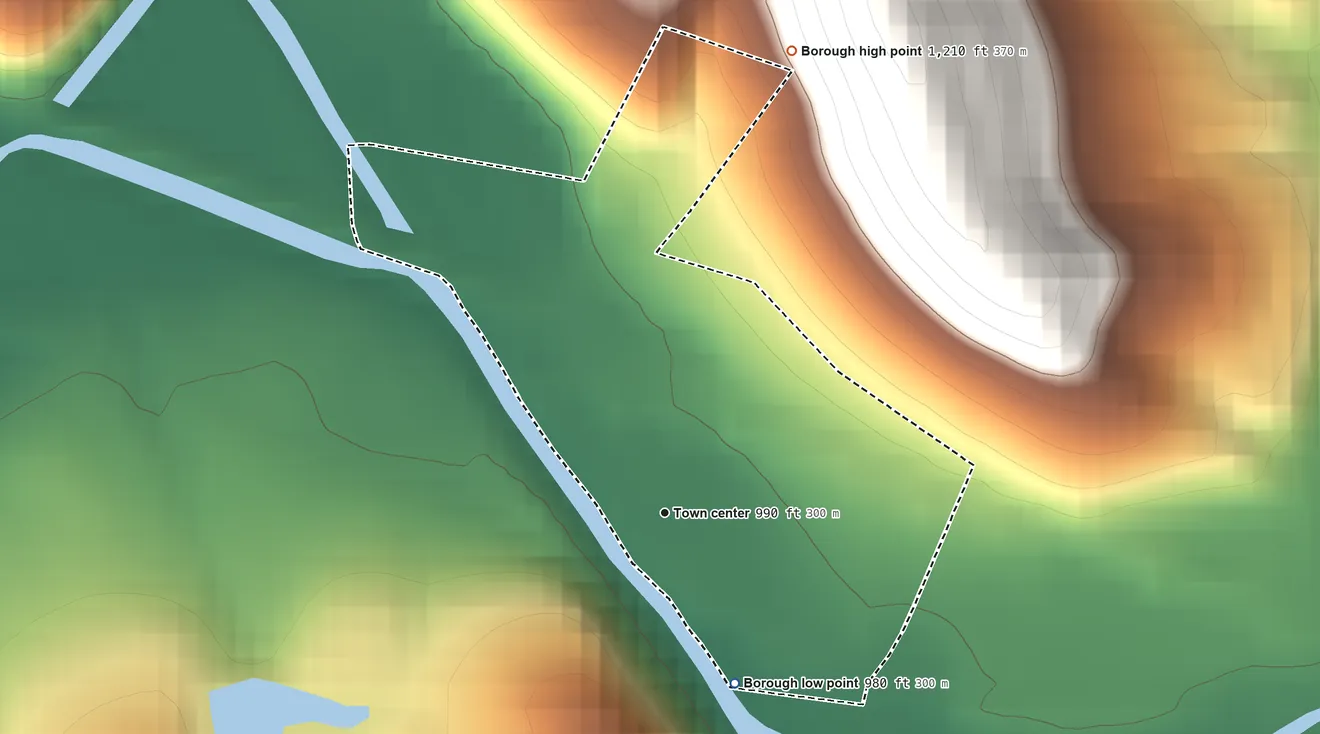 Topographic elevation map of Shelocta, Pennsylvania, shaded from 980 ft on the south side to 1,210 ft on the north side