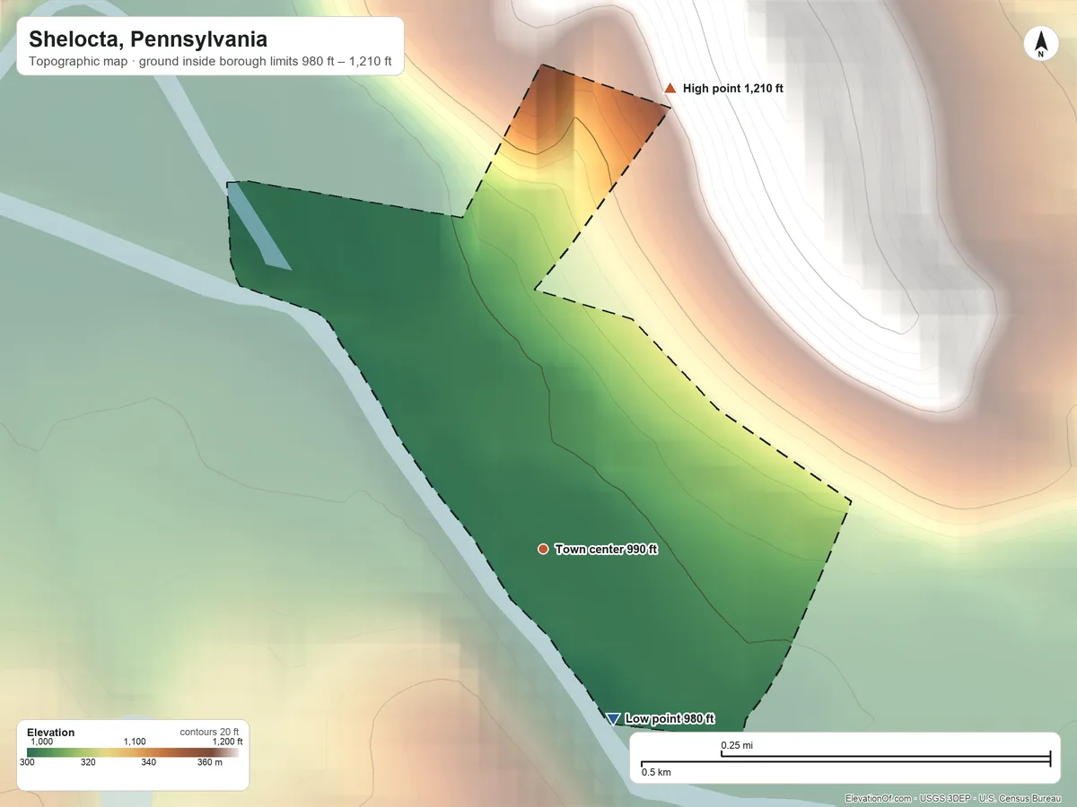 Topographic elevation map of Shelocta, Pennsylvania, shaded from 980 ft on the south side to 1,210 ft on the north side