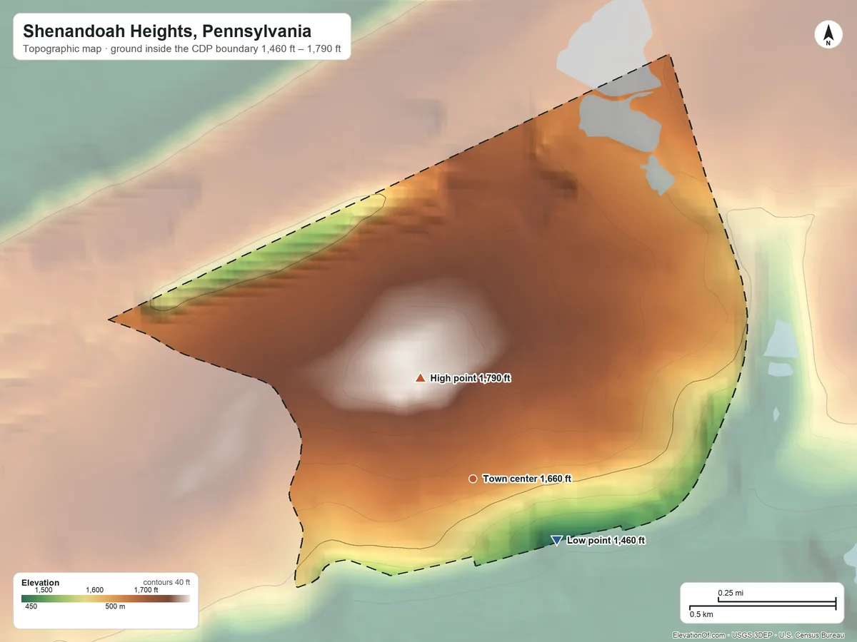 Topographic elevation map of Shenandoah Heights, Pennsylvania, shaded from 1,460 ft on the southeast side to 1,790 ft on the northwest side