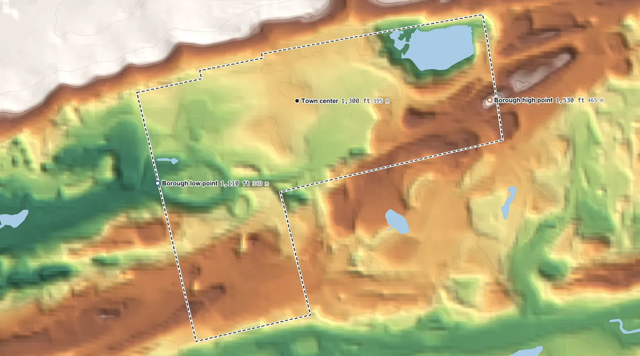 Topographic elevation map of Shenandoah, Pennsylvania, shaded from 1,110 ft on the southwest side to 1,530 ft at the foot of the Broad Mountain