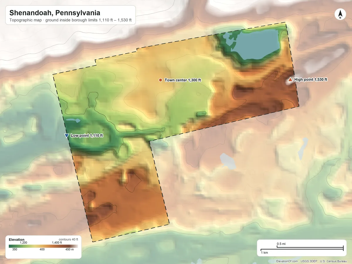 Topographic elevation map of Shenandoah, Pennsylvania, shaded from 1,110 ft on the southwest side to 1,530 ft at the foot of the Broad Mountain