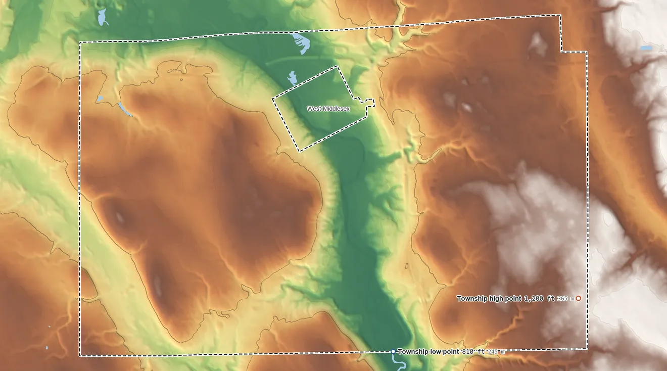 Topographic elevation map of Shenango Township, Mercer County, Pennsylvania, shaded from 810 ft on the southeast side to 1,200 ft on the southeast side