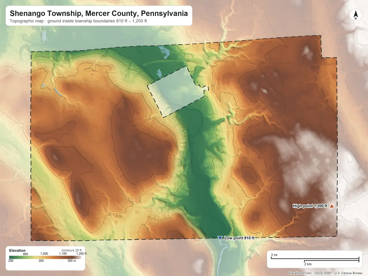 Topographic elevation map of Shenango Township, Mercer County, Pennsylvania, shaded from 810 ft on the southeast side to 1,200 ft on the southeast side