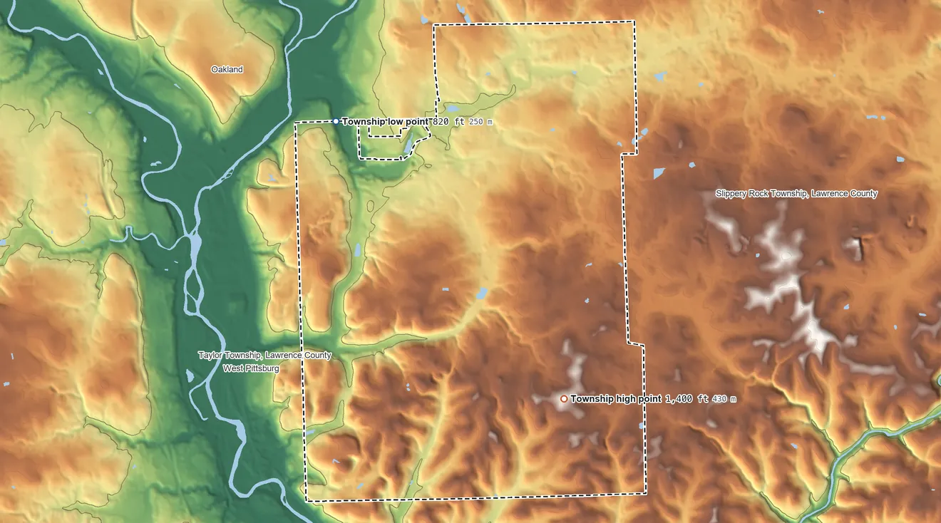 Topographic elevation map of Shenango Township, Pennsylvania, shaded from 820 ft on the northwest side to 1,400 ft on the southeast side