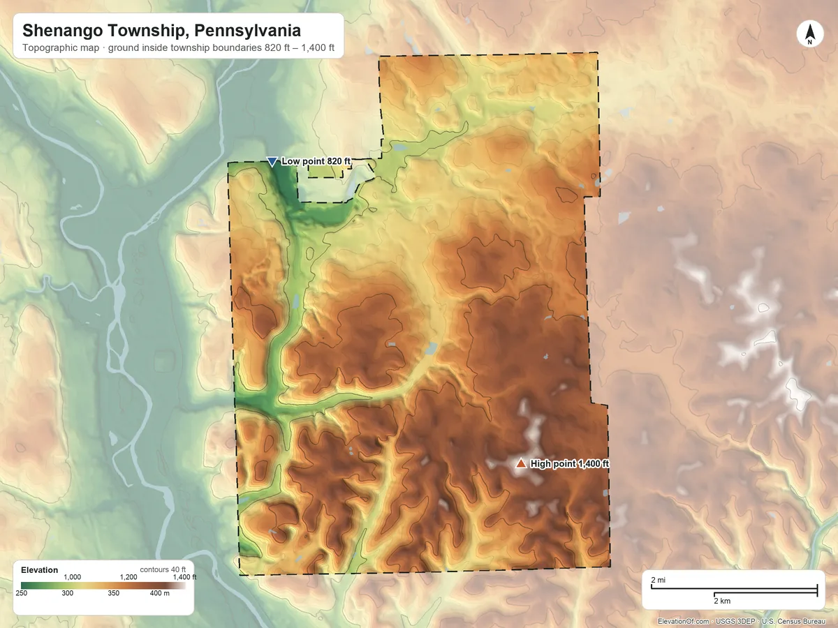 Topographic elevation map of Shenango Township, Pennsylvania, shaded from 820 ft on the northwest side to 1,400 ft on the southeast side