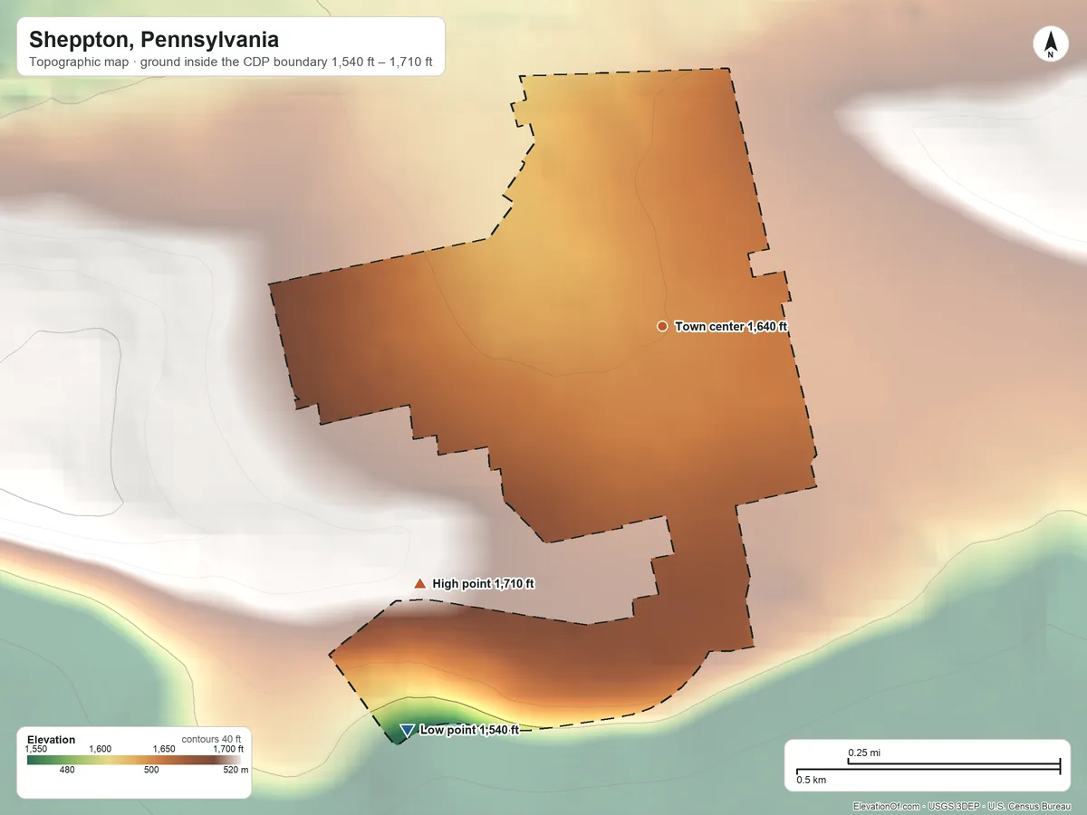 Topographic elevation map of Sheppton, Pennsylvania, shaded from 1,540 ft on the southwest side to 1,710 ft on the southwest side