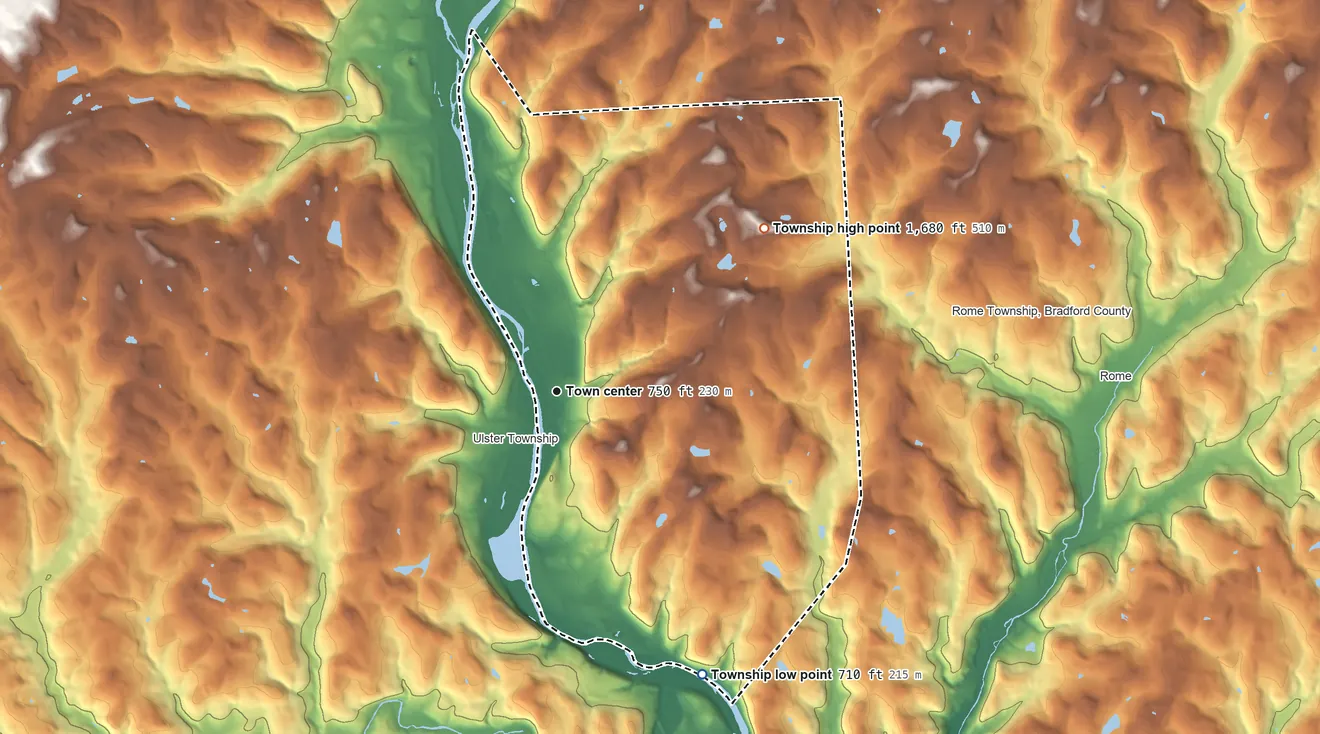 Topographic elevation map of Sheshequin Township, Pennsylvania, shaded from 710 ft on the southeast side to 1,680 ft on the northeast side