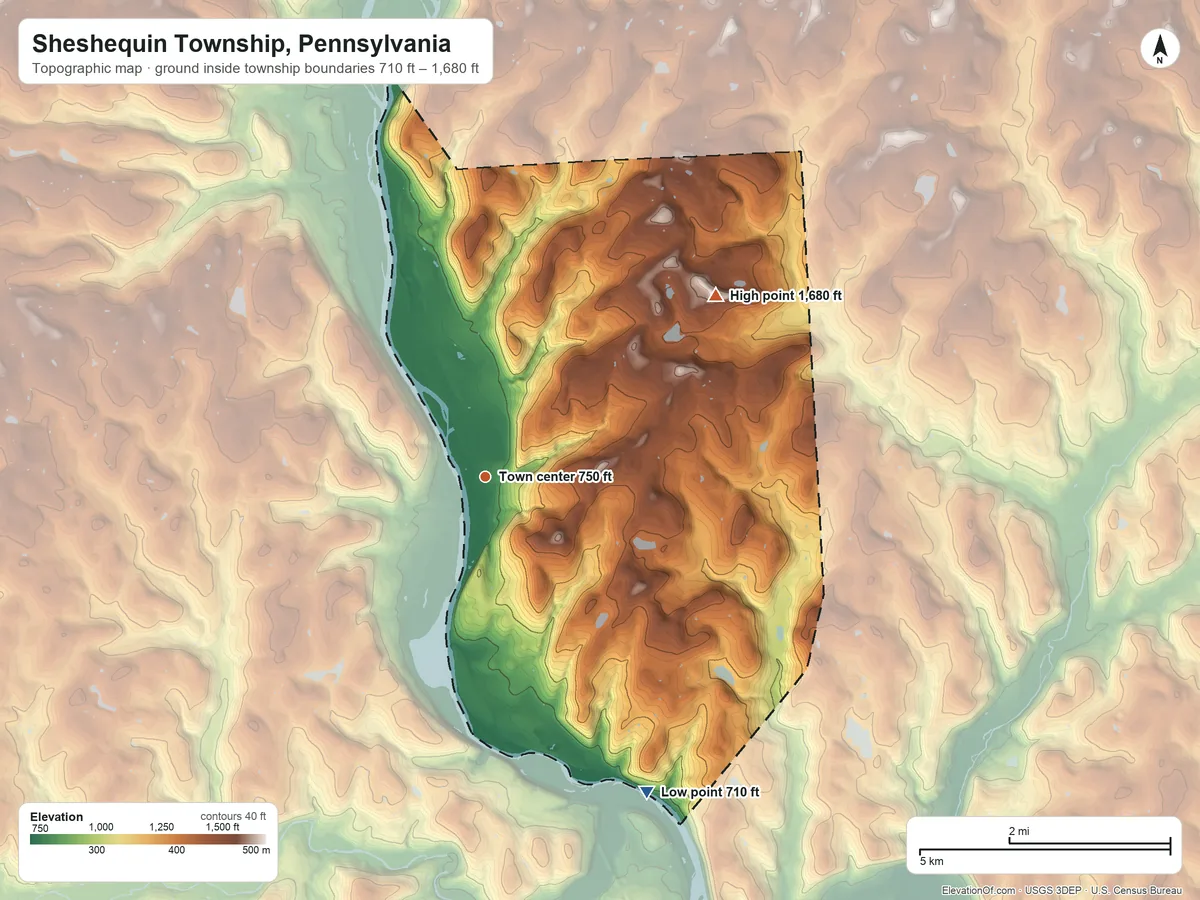 Topographic elevation map of Sheshequin Township, Pennsylvania, shaded from 710 ft on the southeast side to 1,680 ft on the northeast side