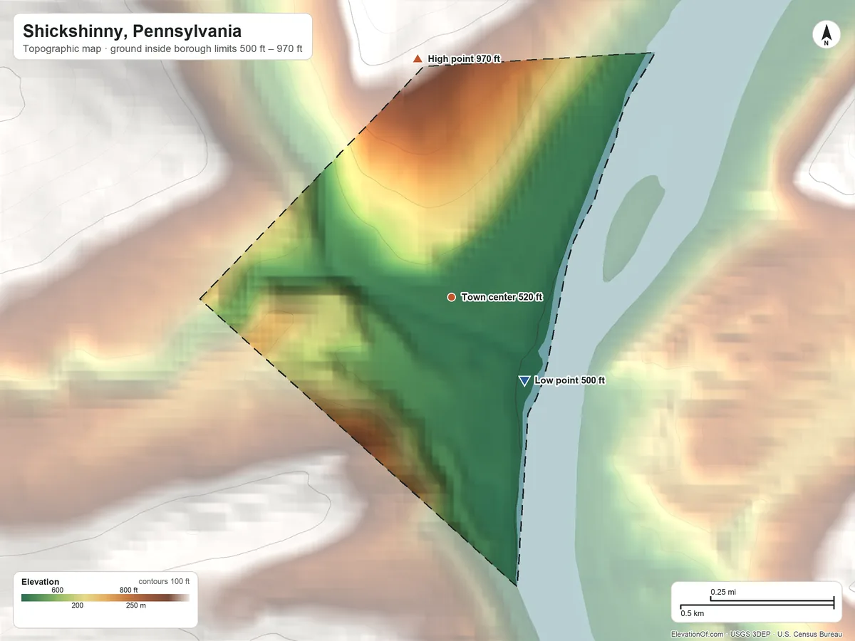 Topographic elevation map of Shickshinny, Pennsylvania, shaded from 500 ft on the southeast side to 970 ft on the north edge, below higher ground just outside