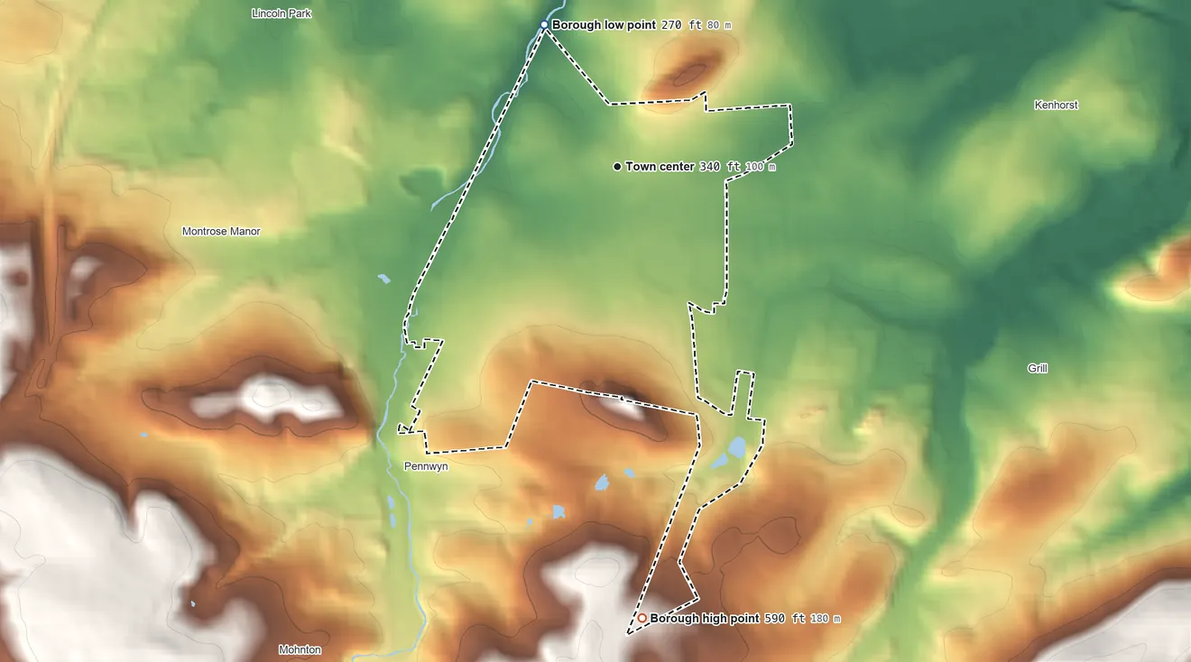 Topographic elevation map of Shillington, Pennsylvania, shaded from 270 ft on the northwest side to 590 ft at the foot of the South Mountain