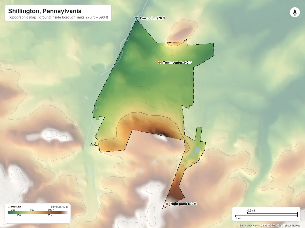 Topographic elevation map of Shillington, Pennsylvania, shaded from 270 ft on the northwest side to 590 ft at the foot of the South Mountain