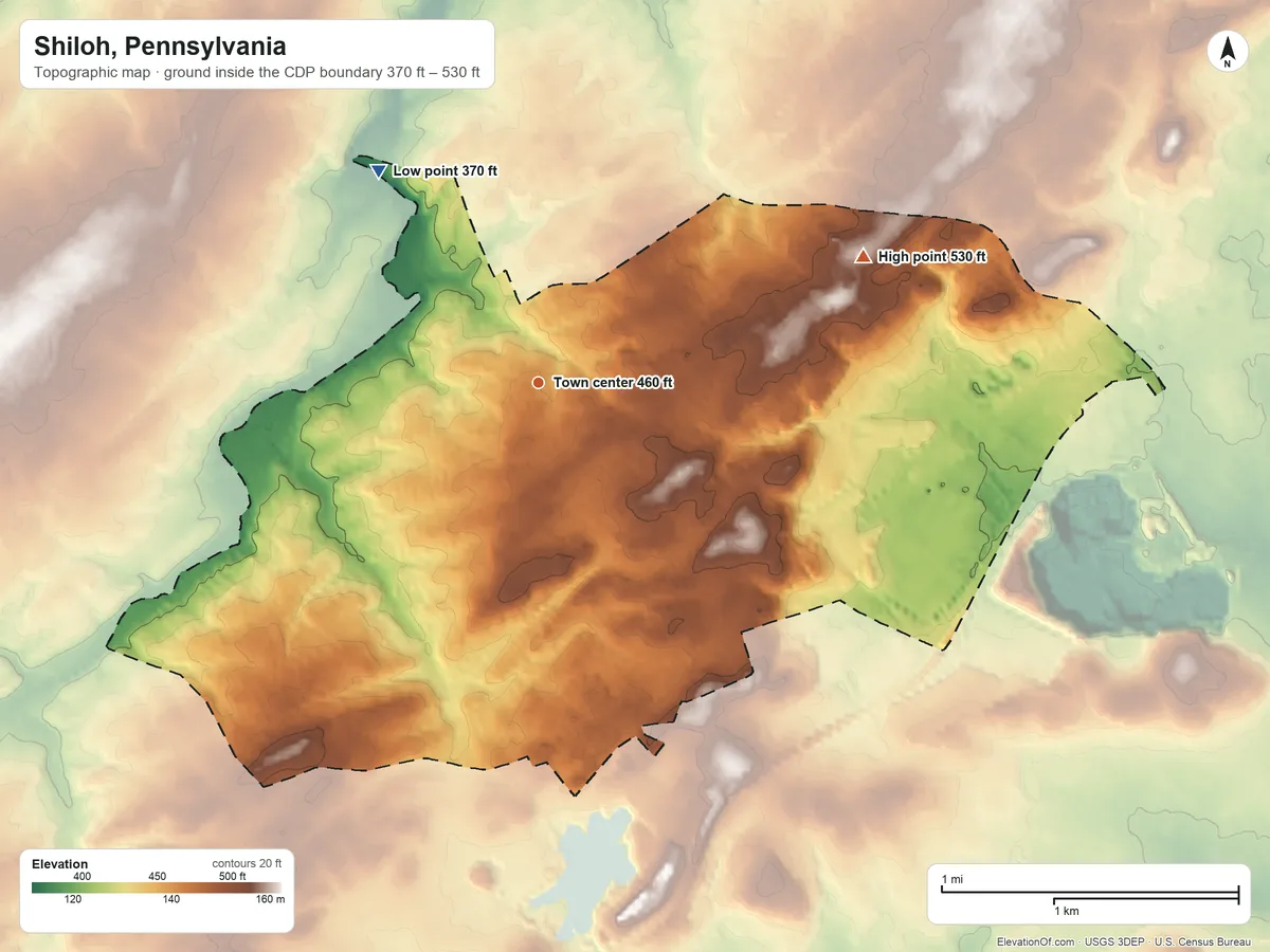 Topographic elevation map of Shiloh, Pennsylvania, shaded from 370 ft on the northwest side to 530 ft on the east side