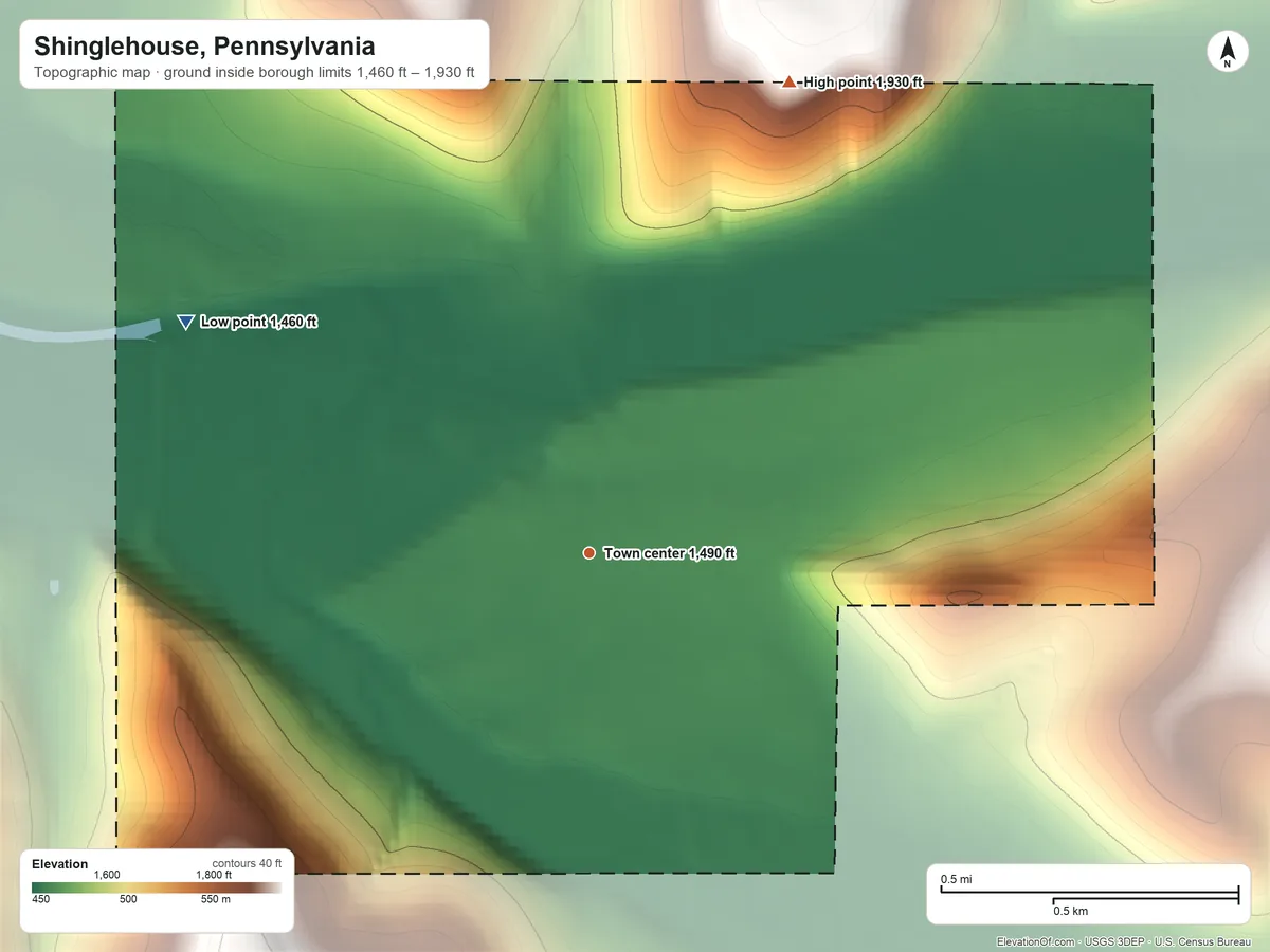 Topographic elevation map of Shinglehouse, Pennsylvania, shaded from 1,460 ft on the northwest side to 1,930 ft on the northeast side
