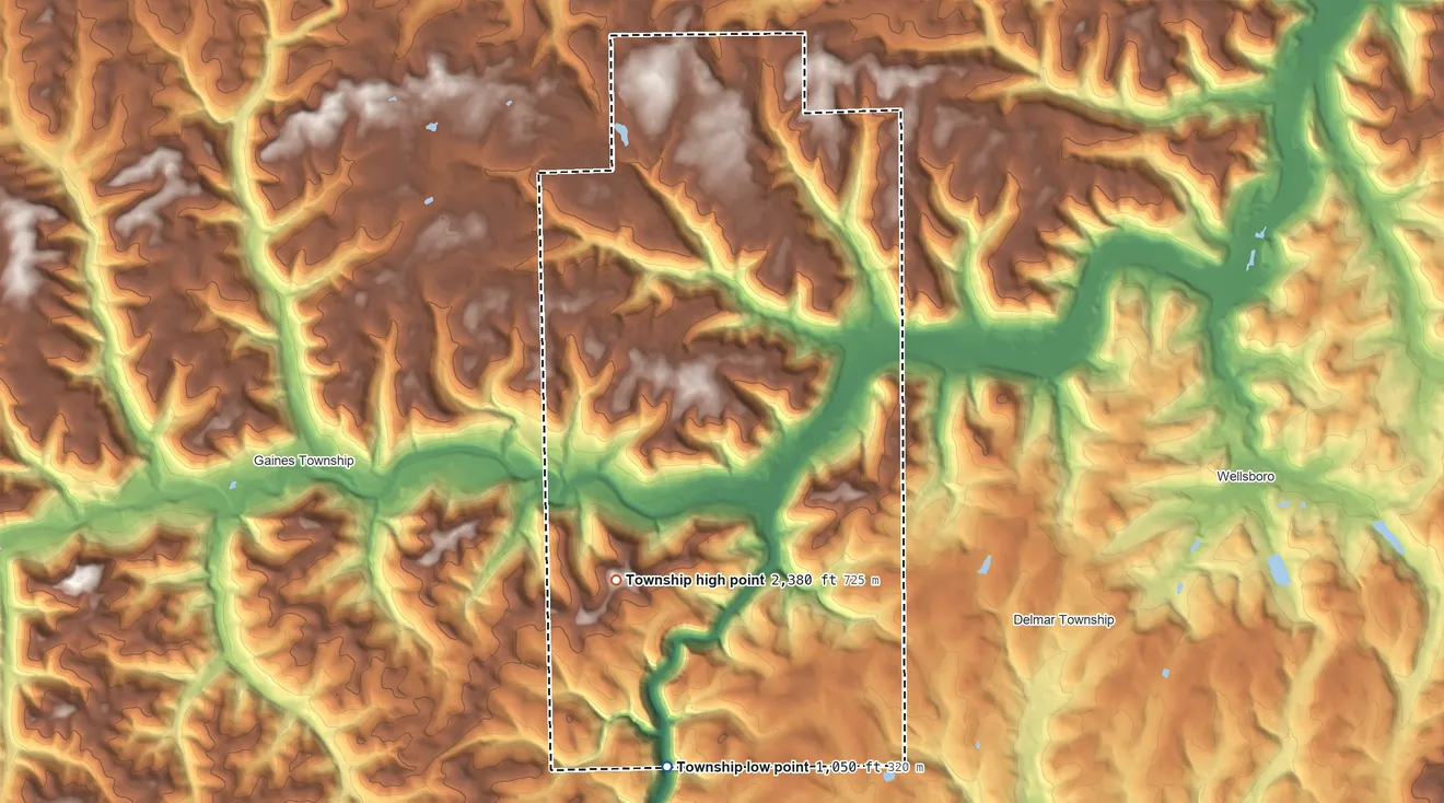 Topographic elevation map of Shippen Township, Tioga County, Pennsylvania, shaded from 1,050 ft on the south side to 2,380 ft on the southwest side