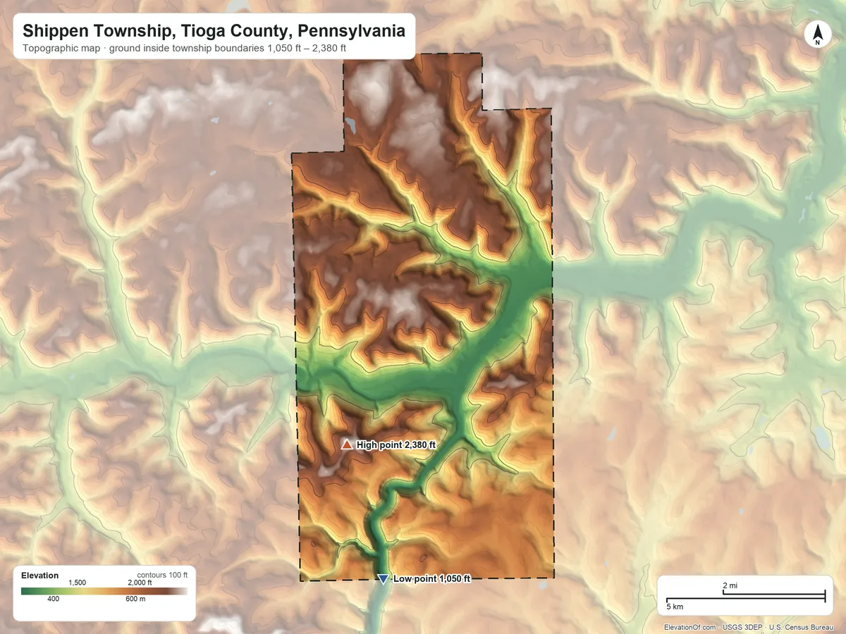 Topographic elevation map of Shippen Township, Tioga County, Pennsylvania, shaded from 1,050 ft on the south side to 2,380 ft on the southwest side