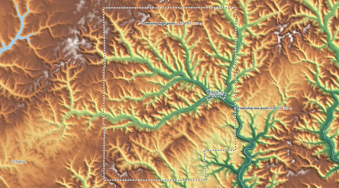 Topographic elevation map of Shippen Township, Pennsylvania, shaded from 990 ft on the southeast side to 2,370 ft on the northwest side