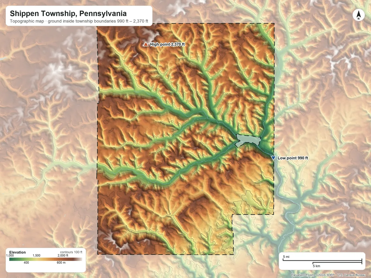 Topographic elevation map of Shippen Township, Pennsylvania, shaded from 990 ft on the southeast side to 2,370 ft on the northwest side