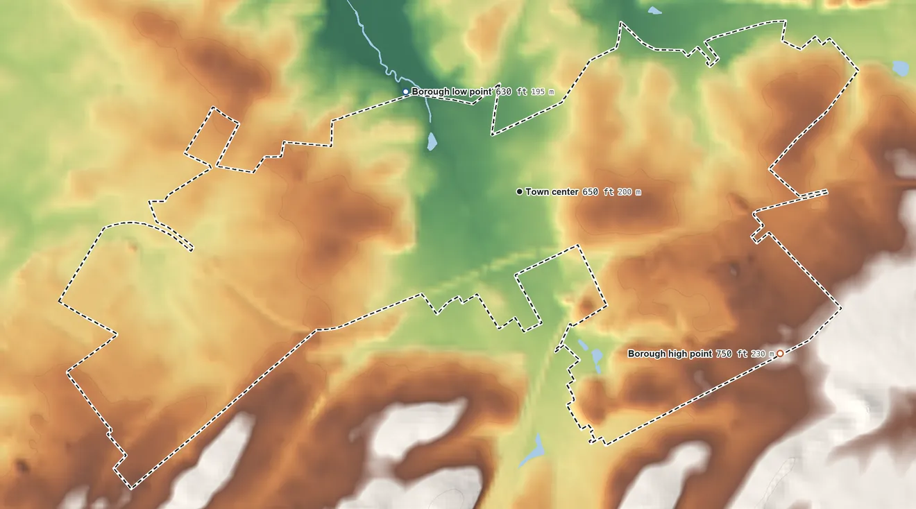 Topographic elevation map of Shippensburg, Pennsylvania, shaded from 630 ft on the northwest side to 750 ft on the southeast side