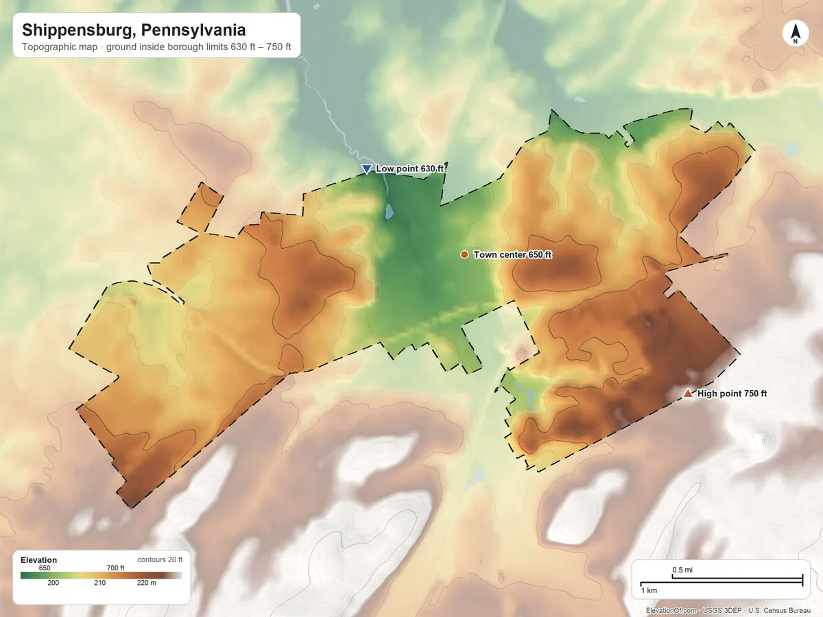 Topographic elevation map of Shippensburg, Pennsylvania, shaded from 630 ft on the northwest side to 750 ft on the southeast side