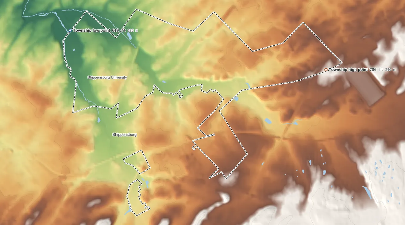 Topographic elevation map of Shippensburg Township, Pennsylvania, shaded from 610 ft on the northwest side to 780 ft on the east side