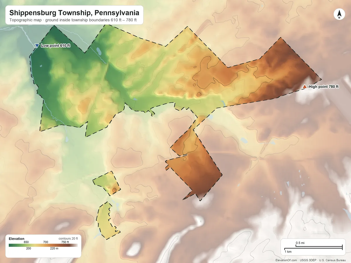 Topographic elevation map of Shippensburg Township, Pennsylvania, shaded from 610 ft on the northwest side to 780 ft on the east side