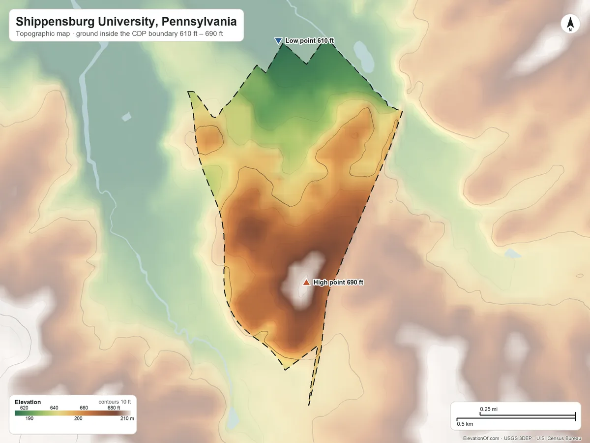 Topographic elevation map of Shippensburg University, Pennsylvania, shaded from 610 ft on the north side to 690 ft on the southeast side