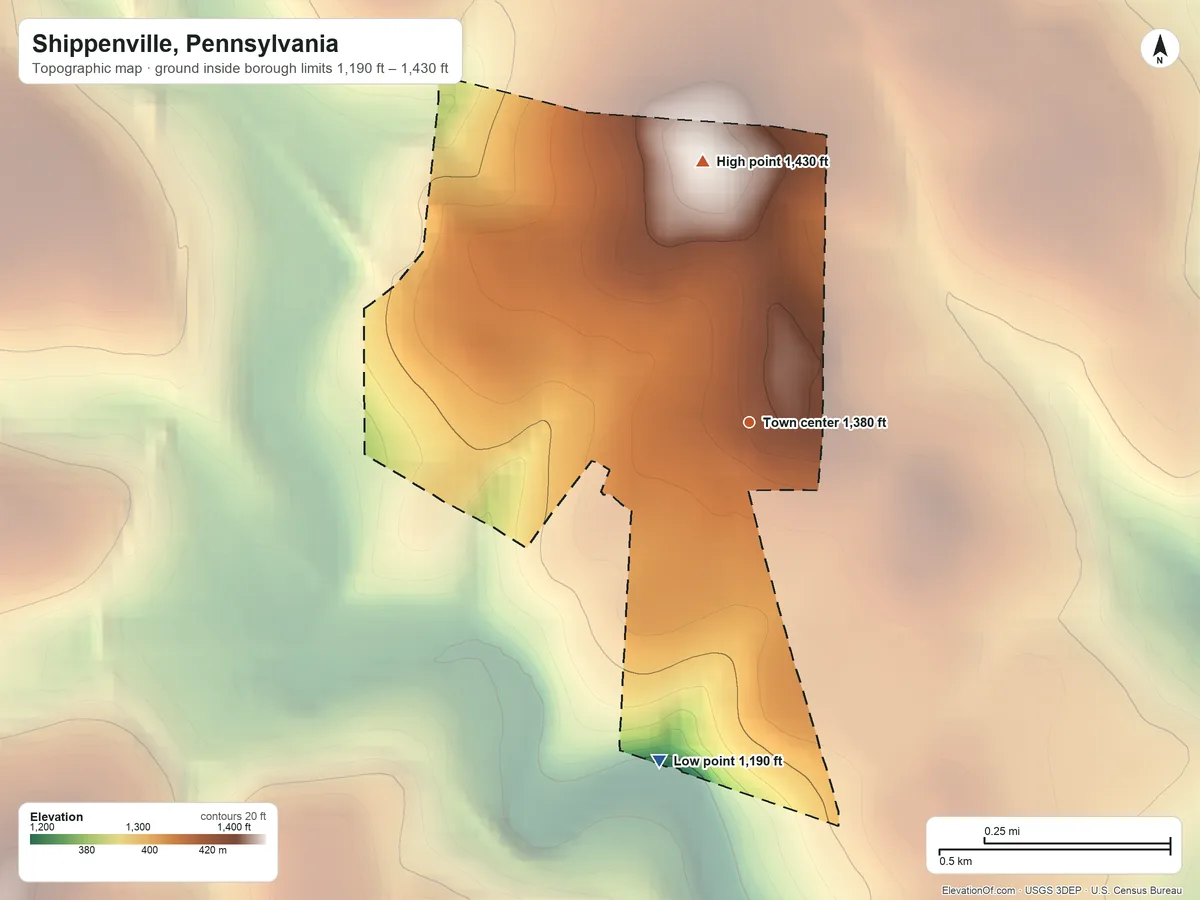 Topographic elevation map of Shippenville, Pennsylvania, shaded from 1,190 ft on the south side to 1,430 ft on the north side