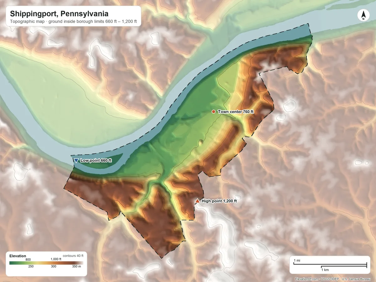 Topographic elevation map of Shippingport, Pennsylvania, shaded from 660 ft on the west side to 1,200 ft on the south side