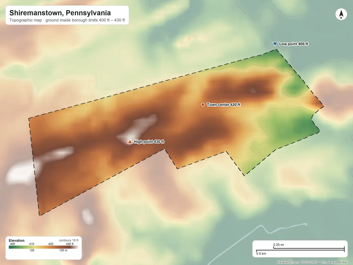 Topographic elevation map of Shiremanstown, Pennsylvania, shaded from 400 ft on the northeast side to 430 ft on the southwest side