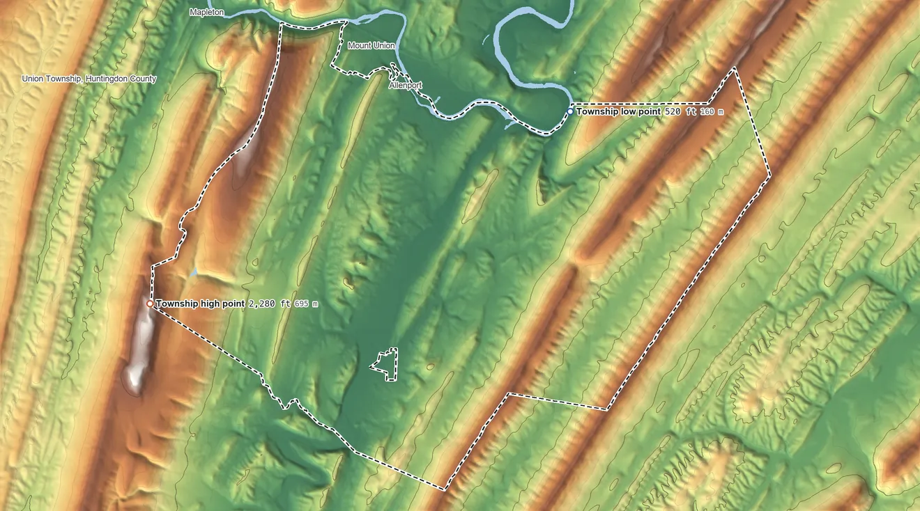 Topographic elevation map of Shirley Township, Pennsylvania, shaded from 520 ft on the northeast side to 2,280 ft on the west side