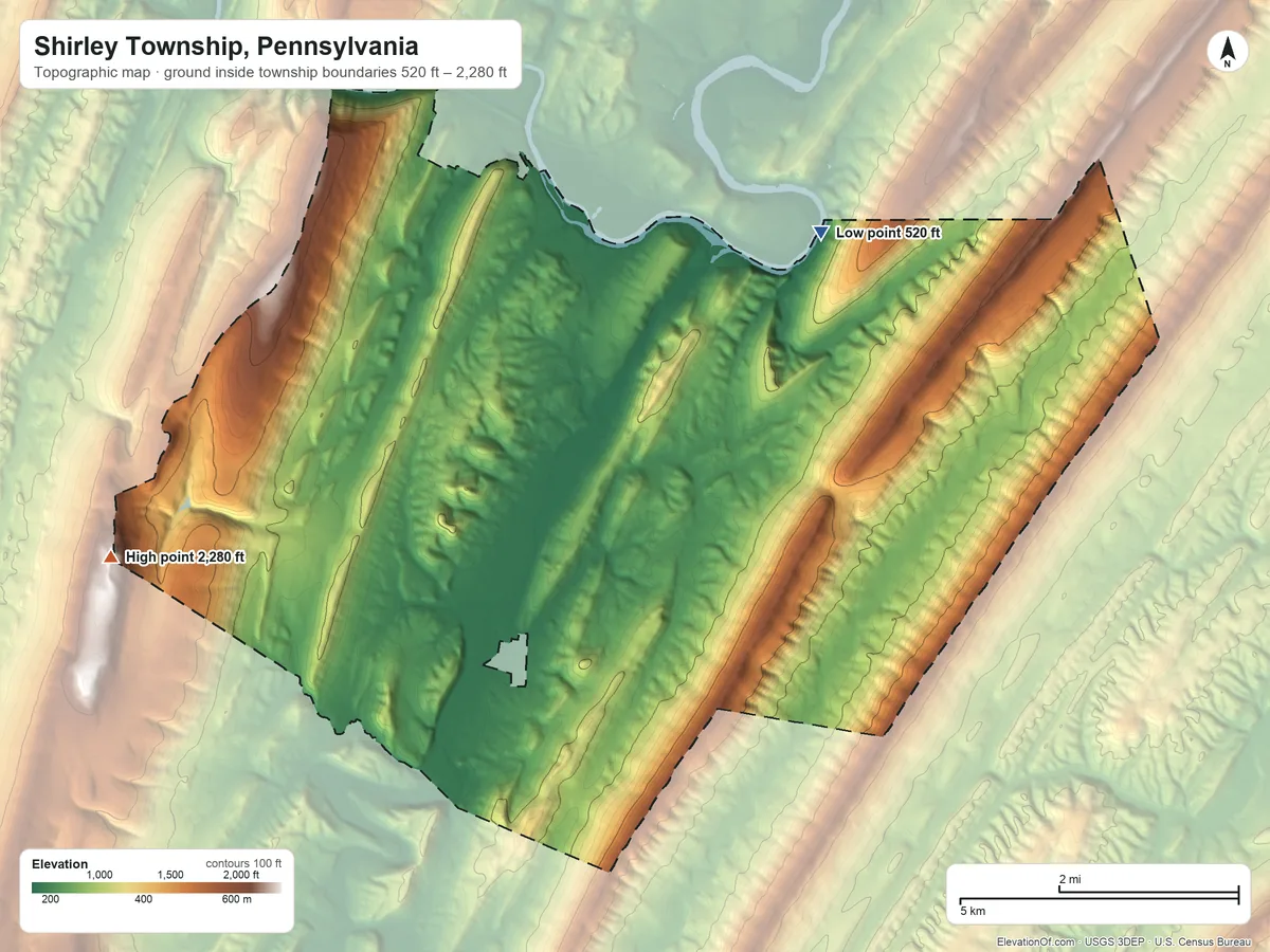 Topographic elevation map of Shirley Township, Pennsylvania, shaded from 520 ft on the northeast side to 2,280 ft on the west side