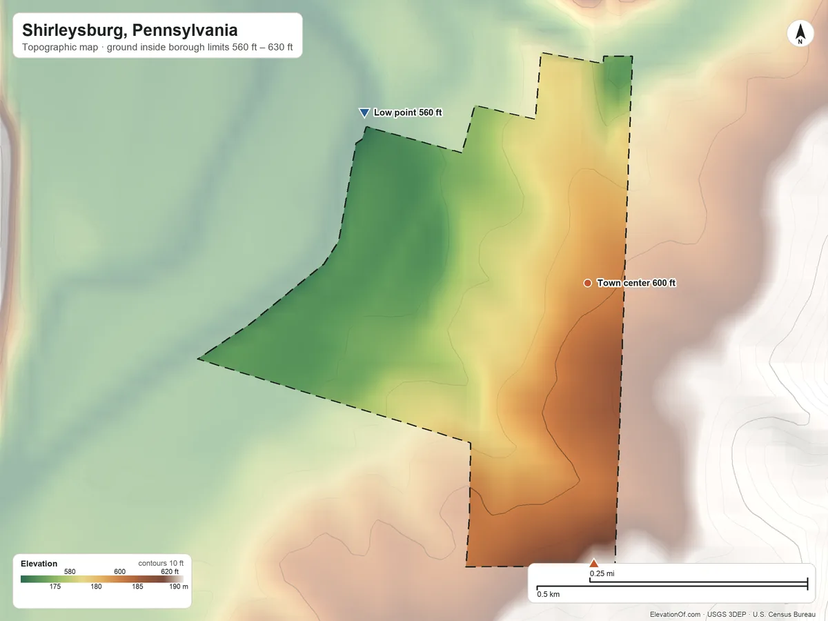 Topographic elevation map of Shirleysburg, Pennsylvania, shaded from 560 ft on the northwest side to 630 ft on the south edge, below higher ground just outside