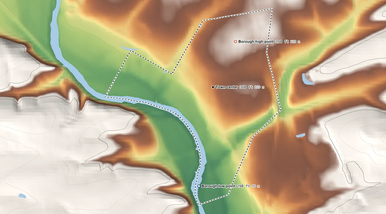 Topographic elevation map of Shoemakersville, Pennsylvania, shaded from 290 ft on the south side to 390 ft on the northeast side