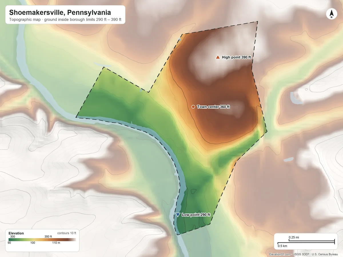 Topographic elevation map of Shoemakersville, Pennsylvania, shaded from 290 ft on the south side to 390 ft on the northeast side